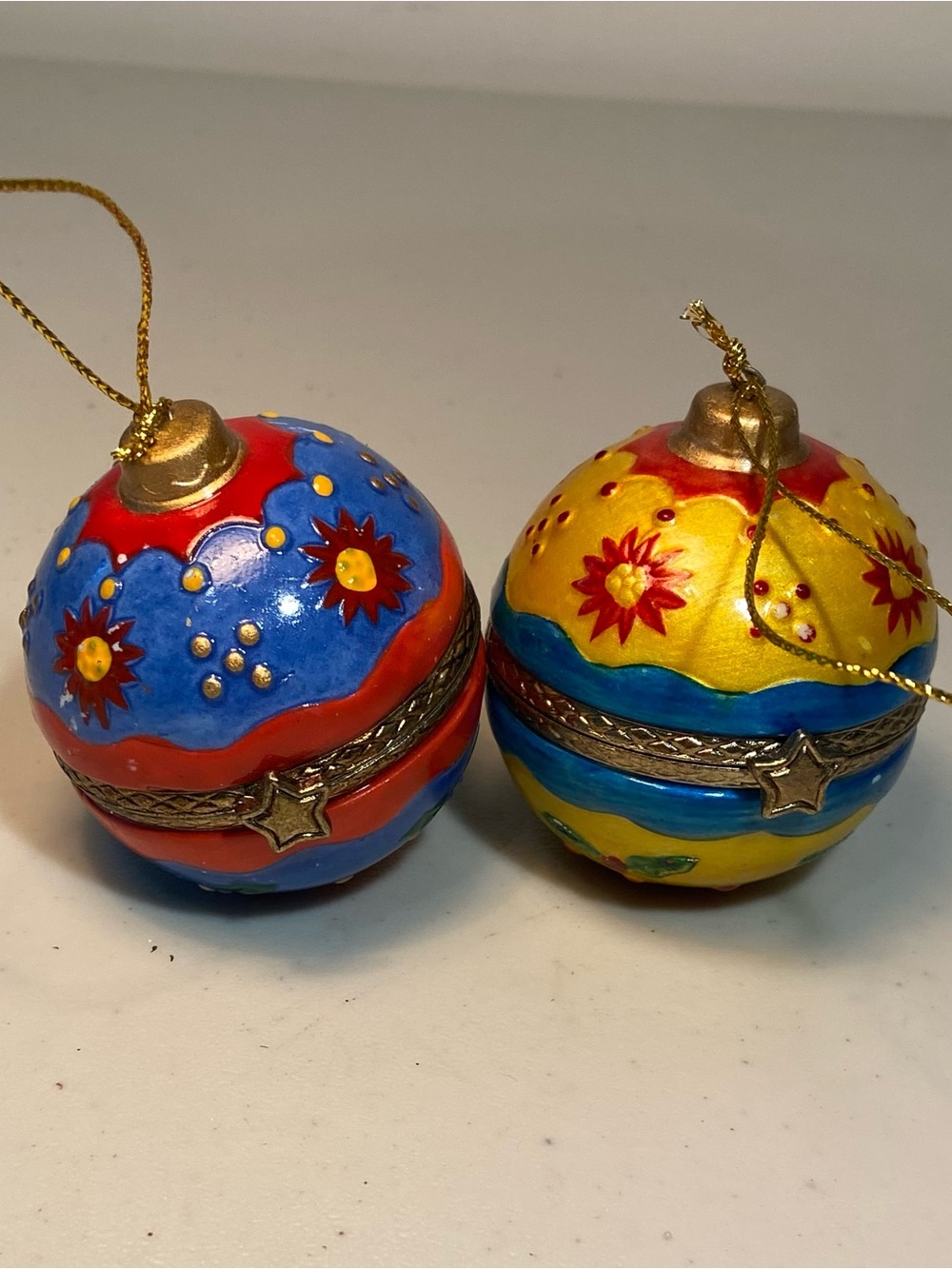 Set of 2 Hand-Painted Blue and Yellow Ornaments Trinket Boxes